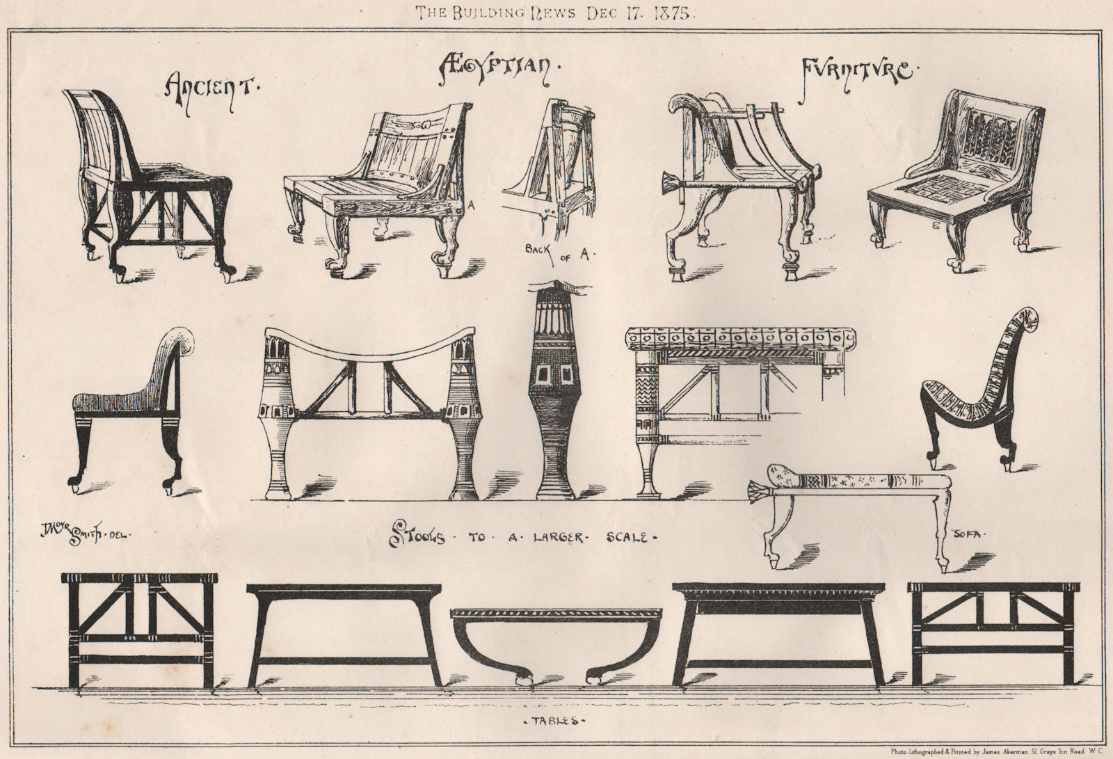 Ancient Egyptian furniture (2) 1875 old antique vintage print picture